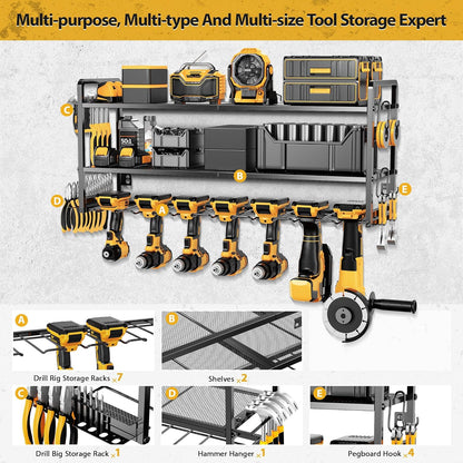 LBT Power Tool Organizer Wall Mount - 3 Layer Heavy Duty Tool Storage Rack with 7 Cordless Drill Holders, Loads 160Lbs Utility Rack for Garage, Workshop, Shed - Cool Gifts for Men, Dad, Husband
