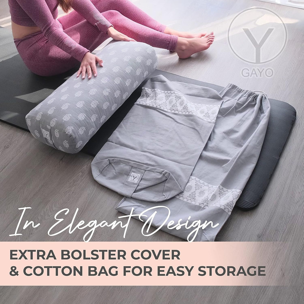 GAYO Yoga Bolster for Restorative Yoga - 100% Cotton, Includes Washable Cover and Carry Bag