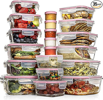 Razab 35 Pc Set Glass Food Storage Containers with Lids - Meal Prep Airtight Bento Boxes BPA-Free 100% Leak Proof (15 lids,15 glass & 5 Plastic Sauce/Dip Containers)