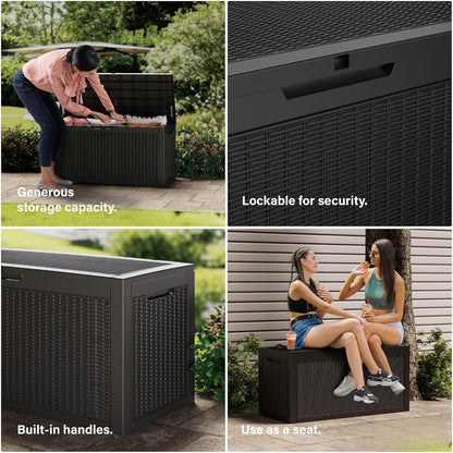 200 Gallon Resin Deck Box, Waterproof Outdoor Storage Bin for Patio Furniture, Pool Accessories, and Garden Tools, Lockable & UV-Resistant, Black