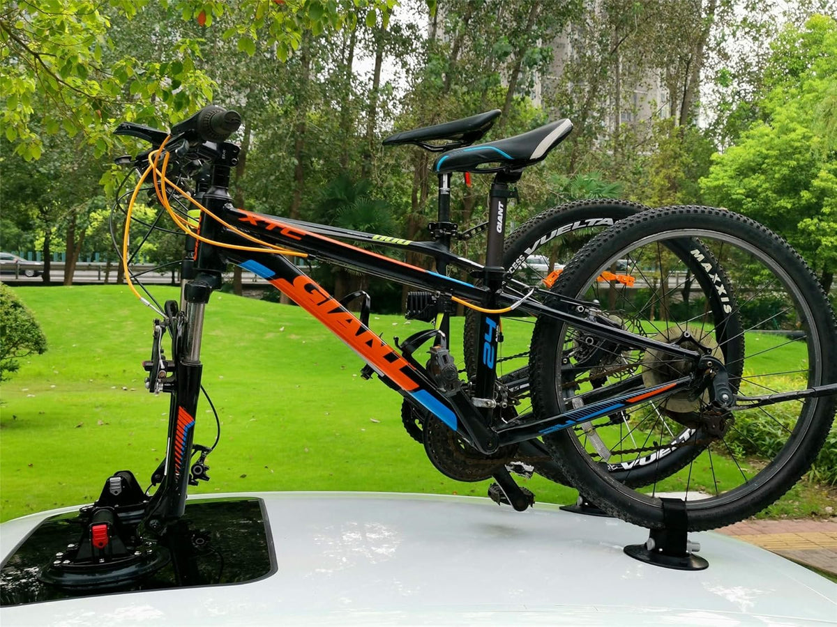Bike Rack for Car Roof, Vacuum Suction Cup Bicycle Carrier Aluminium Alloy Roof Rack, with 5 Adapters for Most Bikes, 9x100mm/12x100mm/15x100mm/15x110mm/20x100mm/20x110mm (10" Suction Cup)