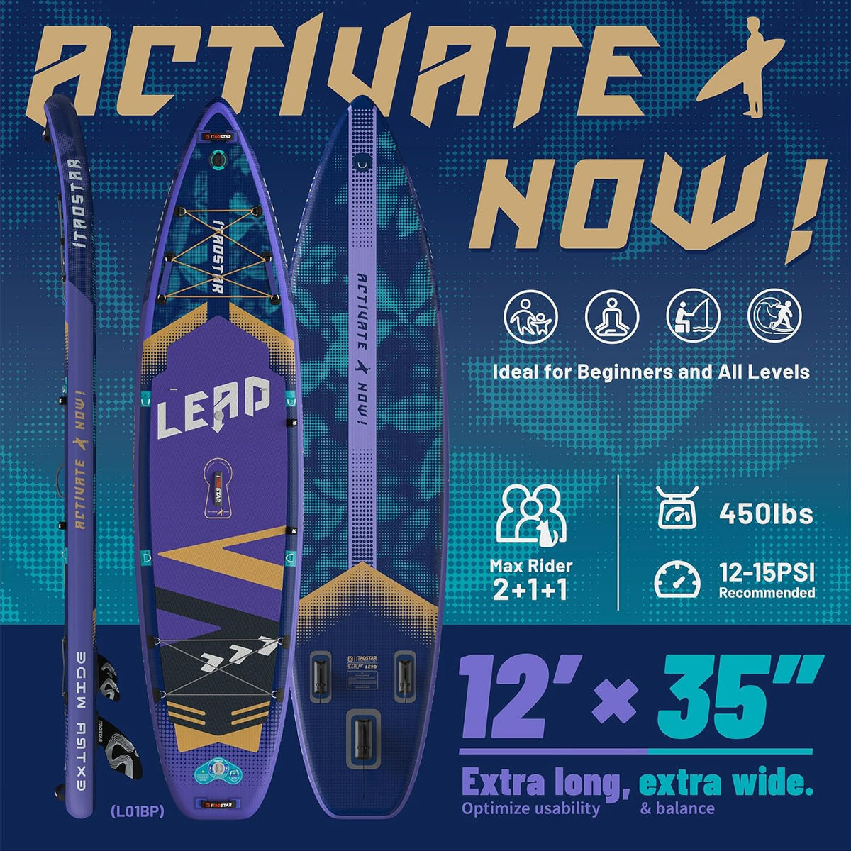 Lead 11‘ x 33" / 12’×35" Inflatable Stand Up Paddle Board - Premium SUP Board Kit - Ultra Stable Paddleboard for Adults & Youth - All Skill Levels - for Lakes, Oceans