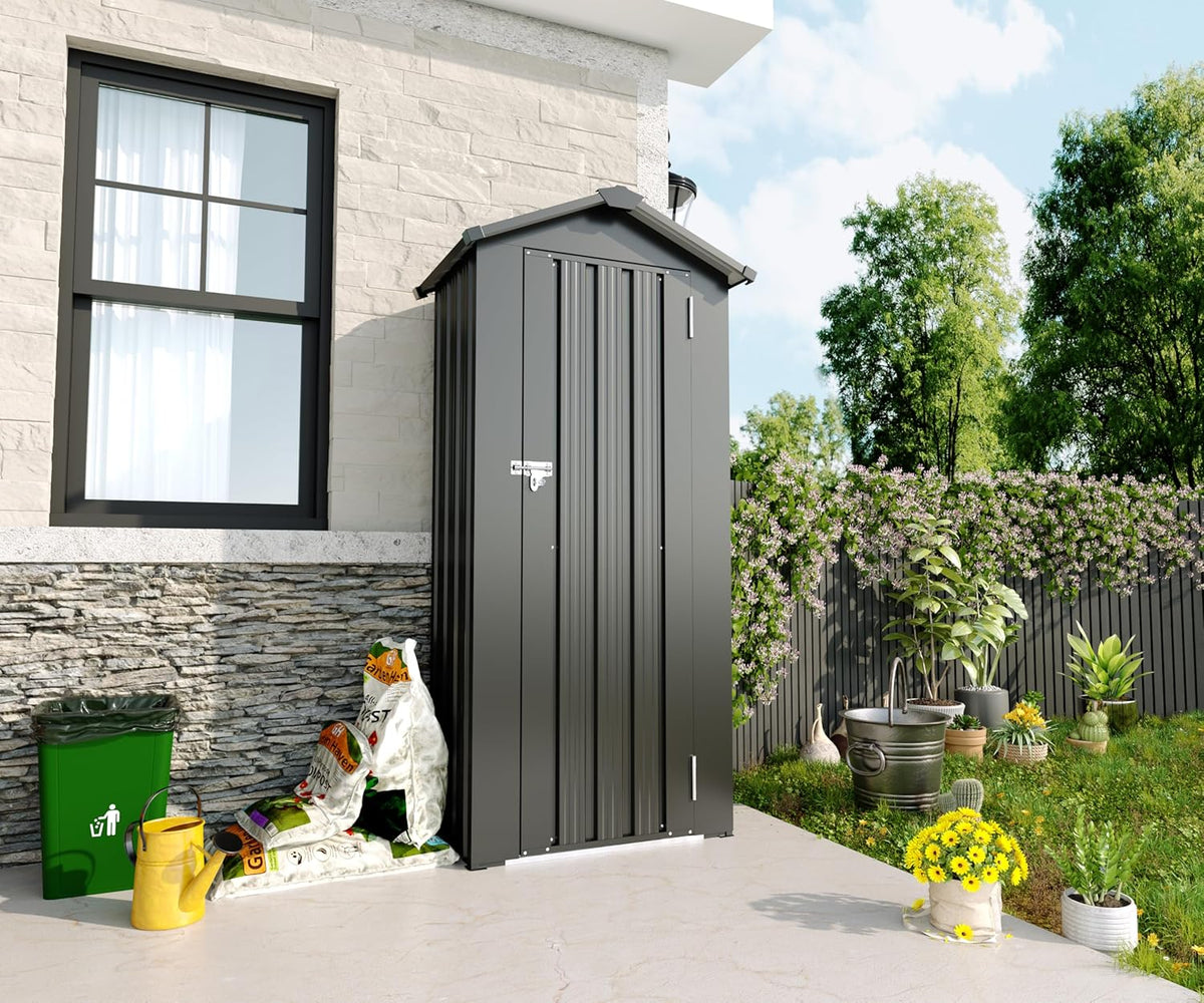 2.5x1.4 FT Outdoor Storage Shed, Small Metal Garden Shed with Adjustable Shelves, Mini Outside Tool Sheds with Lockable Hinged Door, Waterproof Outdoor Storage Cabinet for Backyard, Patio, Lawn, Black