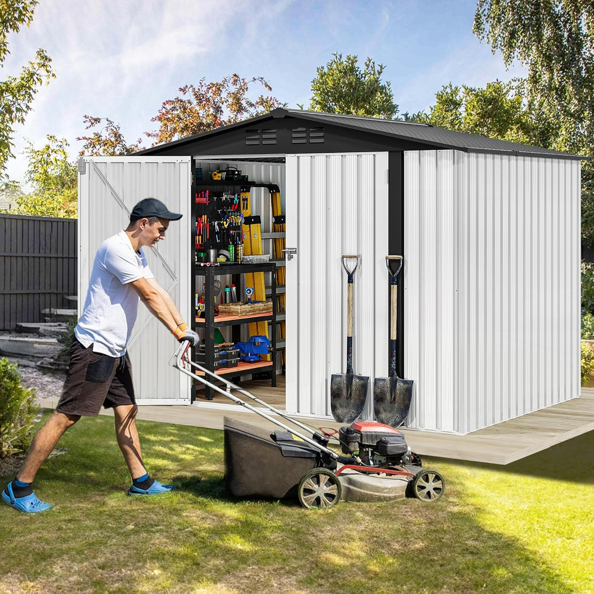 DWVO 8x6ft Metal Outdoor Storage Shed, Waterproof Tool Shed Heavy-Duty Storage Unit with Lockable Door and Vents, Ideal for Bicycles, Tools, Lawnmowers, Backyards, Patios, Lawns - White