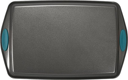 Rachael Ray Nonstick Bakeware Set with Grips includes Nonstick Bread / Baking Pans, Cookie / Baking Sheet and Cake Pans - 10 Piece, Gray with marine blue grips