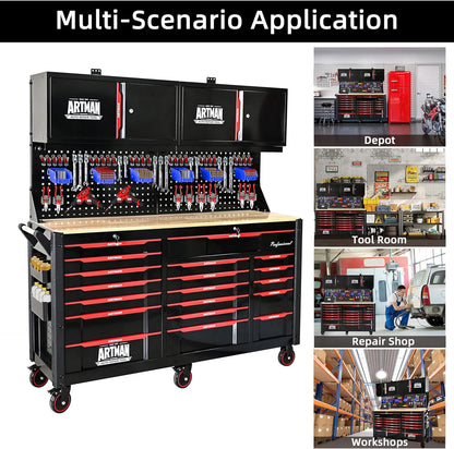 72-Inch Garage Cabinets and Storage System with 19 Drawers Rolling Tool Chest Large Mobile Workbench Heavy Duty Wood Top Tool Cart on Wheels for Garage, Workshop, Warehouse, Laboratory