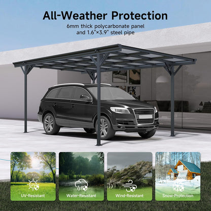 Real Relax 10×16ft Heavy Duty Carport, Pitched-Roof Polycarbonate Panel Canopy, Garage for Trucks, SUVs and Boats, All-Weather Outdoor Storage Car Port, Gray
