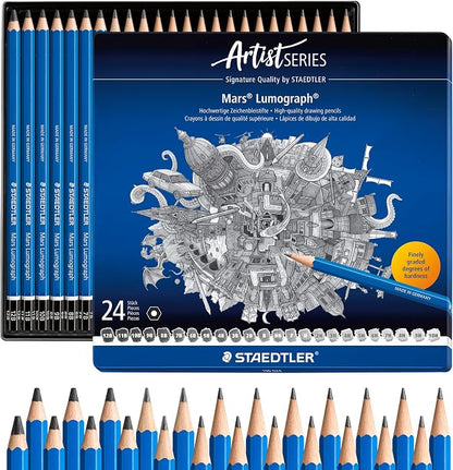 STAEDTLER Mars Lumograph Drawing Pencils: Set of 24 in Metal Case - Presharpened Graphite Art Pencils - Hardness Grades 12B-10H - For Drawing, Shading, Drafting & Illustrating - All Skill Levels