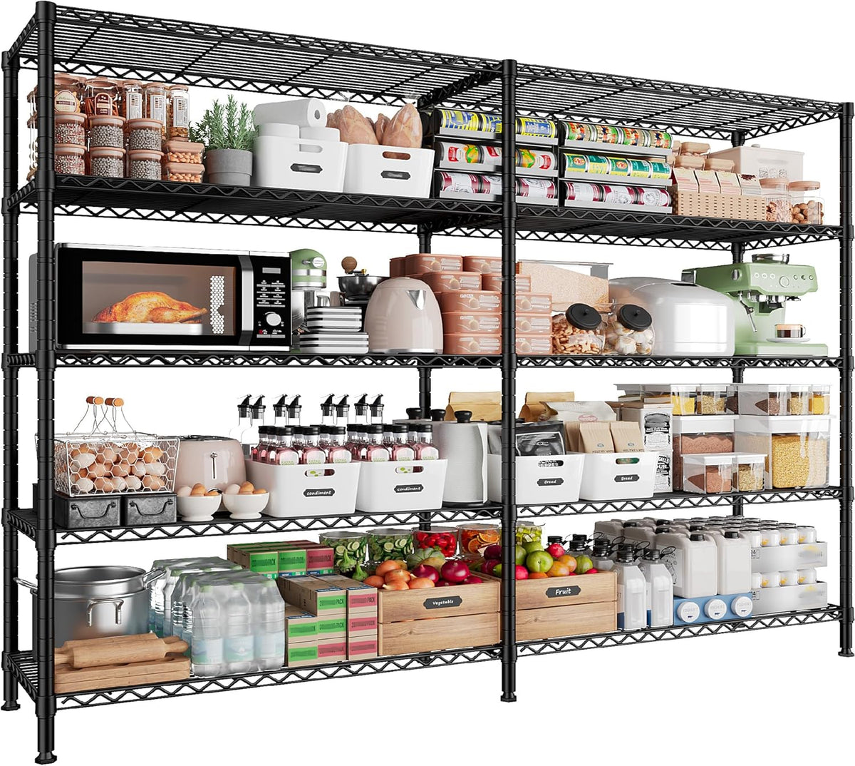 REIBII 1500LBS Storage Shelves Metal Shelving Unit 61.7''W Wire Shelving, 5 Tier Pantry Shelves Kitchen Shelves Adjustable Wire Shelf for Commercial Garage Shelving Heavy Duty, 61.7" W*72.4" H*15.8" D