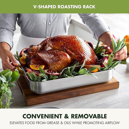 GreenPan Reserve 16" x 13" Tri-Ply Stainless Steel Roasting Pan with Roaster Rack, Multiclad Cookware, Induction Suitable, Gold Stainless Steel Handles, Dishwasher & Oven Safe, Silver