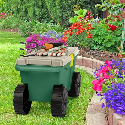 Rolling Garden Cart with Seat - Plastic Storage with Bench and Interior Tool Tray - Gardening Stool for Weeding and Planting By Pure Garden (Green)
