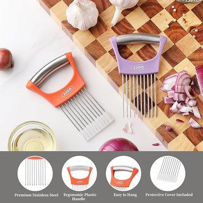 2PCS Onion Slicer Holder, JJOO Stainless Steel Onion Cutter for Slicing and Storage Onions, Tomato, Eggs and Vegetables, Protective Cover Included, Dishwasher Safe (Stylish orange+ Purple Color)