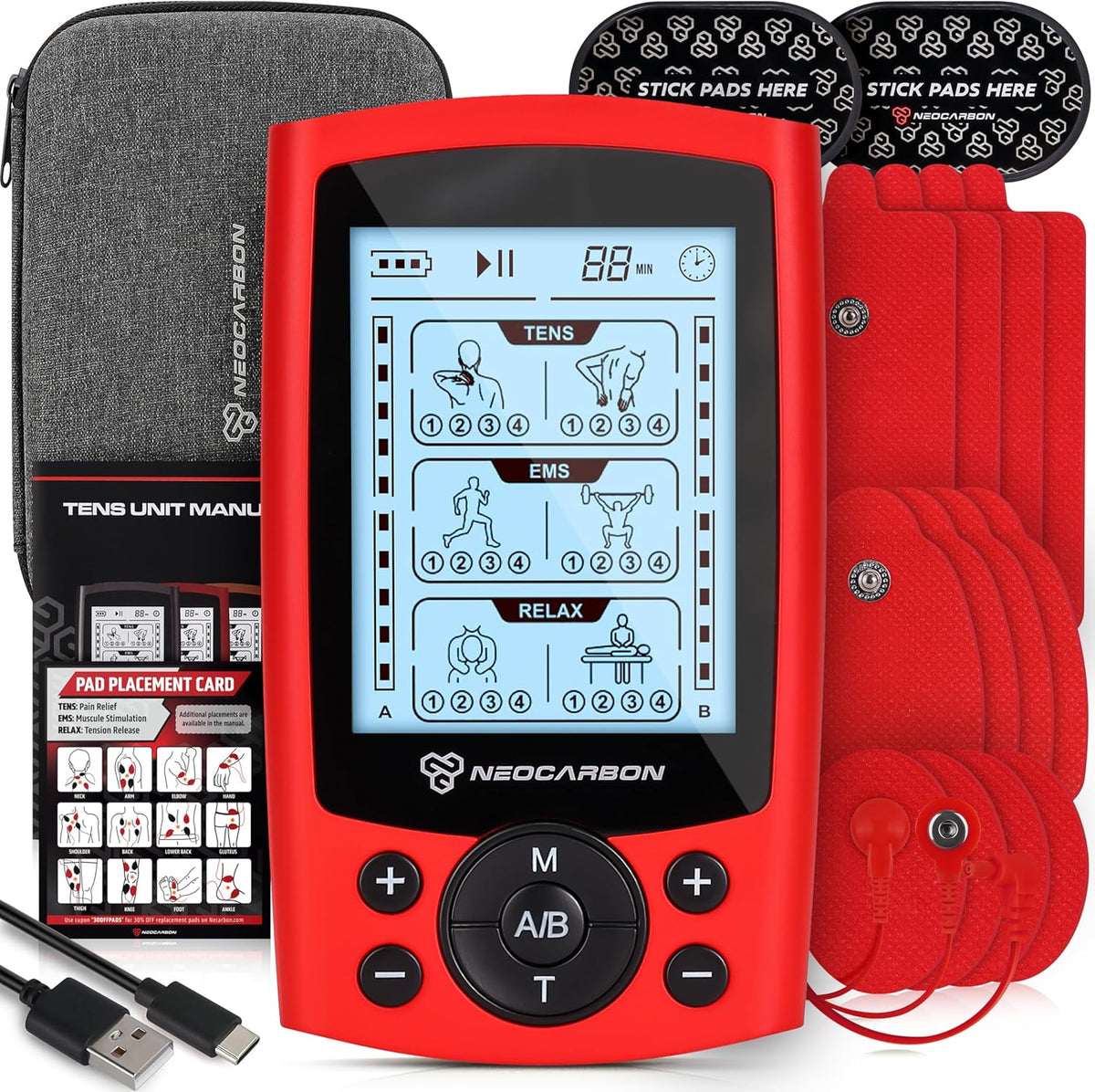 TENS Unit Muscle Stimulator, Electronic PMS Pulse Massager Machine for Shock Physical Therapy, Back Pain Relief, Shoulder Recovery, Red