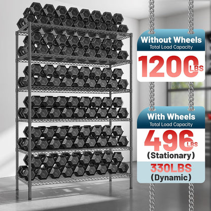 82" H X45 W X18 D Storage Shelves with Wheels, 6 Tier Wire Shelving Adjustable Metal Shelving Pantry Shelves Capacity 1200LBS for Garage Shelving, Pantry, Kitchen, Closet, Black