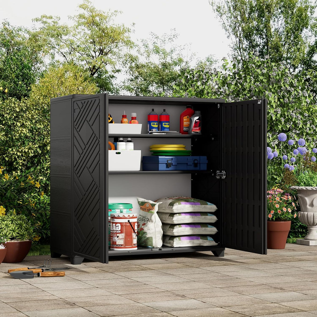 ZZM Indoor/Outdoor Storage Cabinet Waterproof, 34"x15"x34" Plastic Outdoor Storage Box for Garden Balcony Bathroom, All Weather Outdoor Storage Clearance, DIY Usage, with No Shelf (Black)