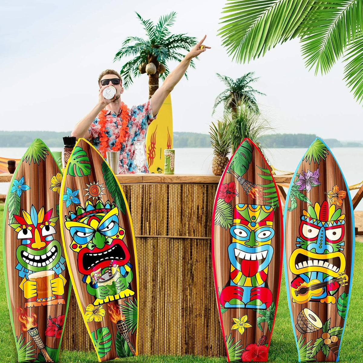 4 Pcs 36 Inch Tiki Inflatable Surf Board Tiki Party Decorations Blow up Surfboard Bar Decorations Inflatable Pool Floats for Hawaiian Luau Tropical Beach Party Supplies Outdoor Decor