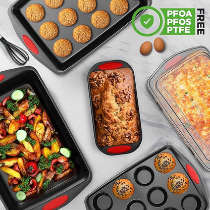 NutriChef 6-Piece Baking Pan Set - PFOA, PFOS, PTFE Free Flexible Nonstick Black Coating Carbon Steel Bakeware - Professional Home Kitchen Bake Cookie Sheet Stackable Tray w/Red Silicone Handles