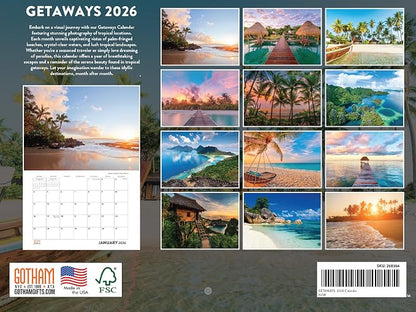 Vacation Calendar 2026 Tropical Getaways Spots Monthly Wall Calender 12 Month | American Made In The USA