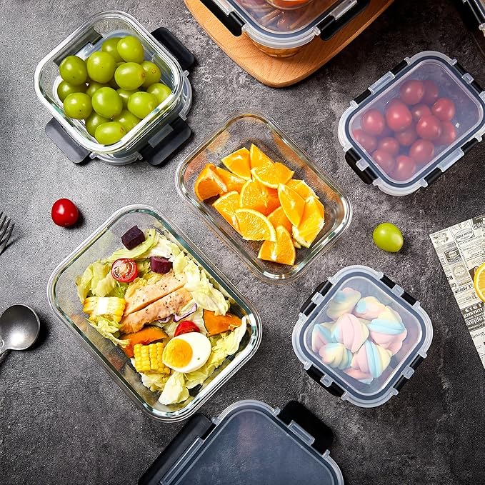 Wells Glass Meal Prep Containers, 8 Pack Glass Food Storage Containers Set with Airtight Locking Lids for Lunch, Fridge, Freezer, Dishwasher Safe, BPA-Free, Clear