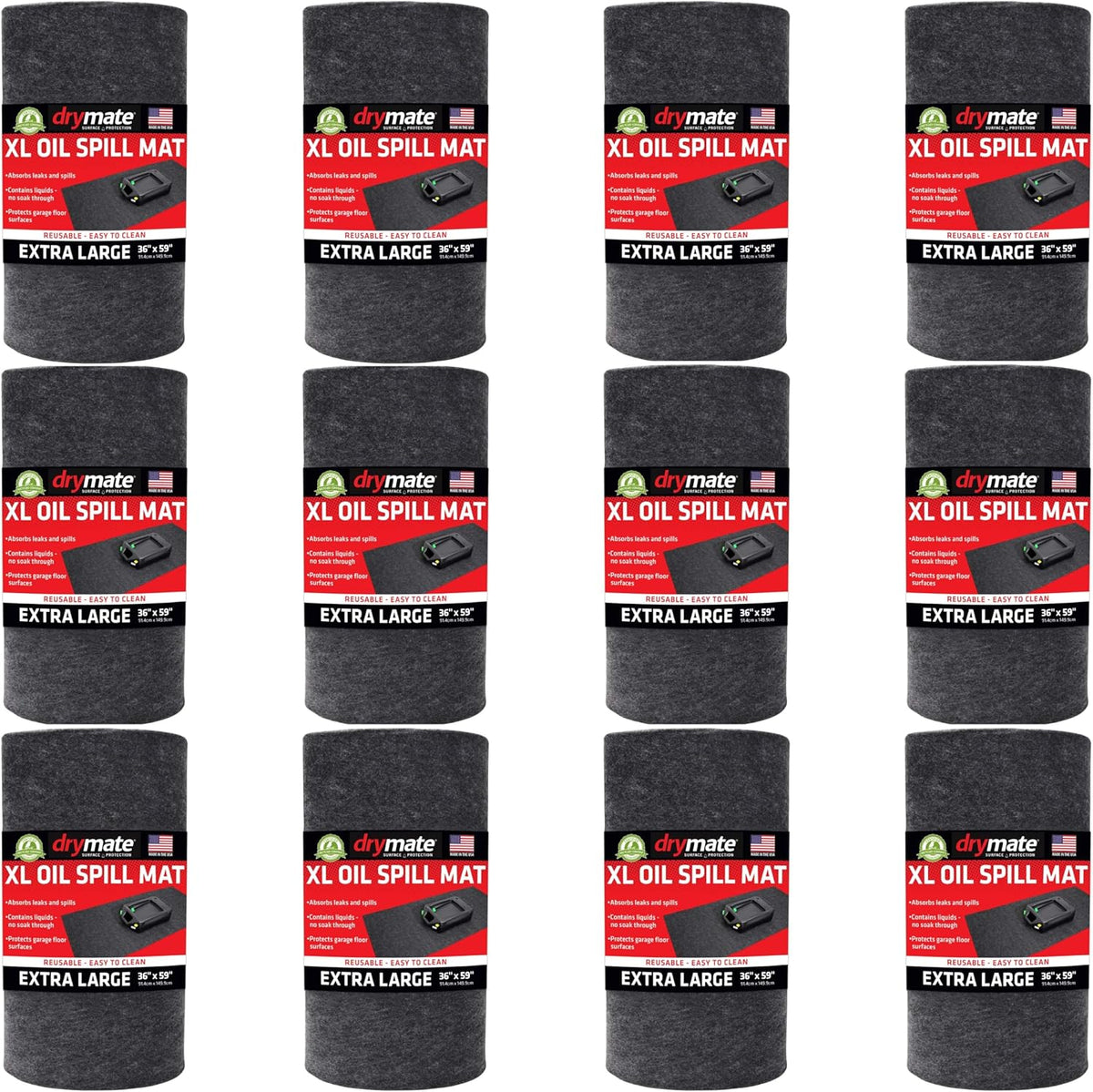Drymate XL Oil Spill Mat (36" x 59") (12-Pack), Premium Absorbent Oil Pad, Reusable, Washable, Durable, Waterproof Backing Contains Liquids, Protects Garage Floor Surface (USA Made)