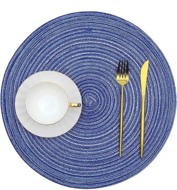 SHACOS Round Braided Placemats Set of 8 Round Table Mats for Dining Tables Washable Fabric Kitchen Table Place Mats (Blue White, 8)