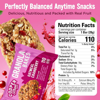 Cooper Street Oatmeal Cranberry Granola Bakes (12 pack) - Individually Wrapped Soft and Chewy Breakfast Granola Bars - Nut, Dairy & Soy Free - Great As Kids Snacks For School, Hiking Or Lunchbreak
