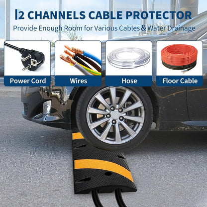 6FT Speed Bumps Wite End for Road, Heavy-Duty 25,000 Lbs Capacity Traffic Rubber Speed Humps with 2 Channel Floor Cord Cover for Asphalt Concrete Gravel Driveway Road