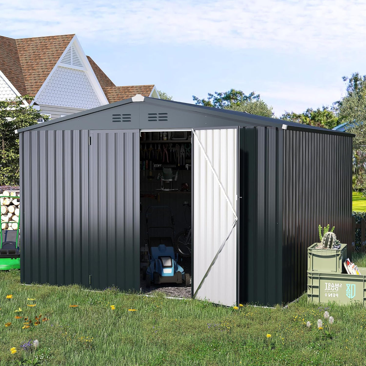 AECOJOY Shed 10'x10' Storage Shed, Large Metal Storage Sheds & Outdoor Clearance, Steel Backyard Shed with Lockable Doors, Utility and Tool Storage for Garden, Patio, Outside Use in Dark Grey