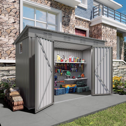 9x4 FT Lean to Shed with Window, Metal Sheds & Outdoor Storage with 6 Vents and 2 Swing Doors, Outdoor Storage Shed Waterproof for Backyard, Garden, Patio, Gray