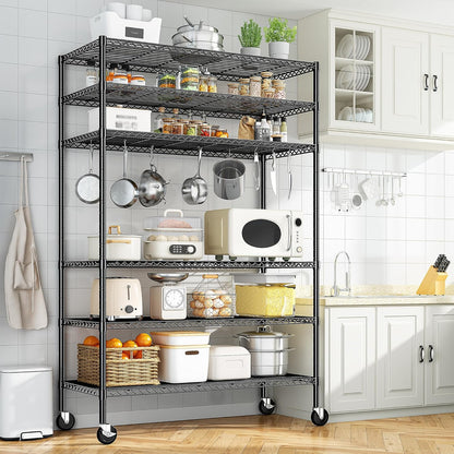 82" H X45 W X18 D Storage Shelves with Wheels, 6 Tier Wire Shelving Adjustable Metal Shelving Pantry Shelves Capacity 1200LBS for Garage Shelving, Pantry, Kitchen, Closet, Black