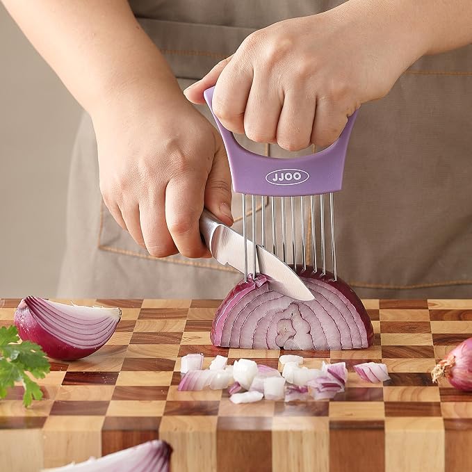 2PCS Onion Slicer Holder, JJOO Stainless Steel Onion Cutter for Slicing and Storage Onions, Tomato, Eggs and Vegetables, Protective Cover Included, Dishwasher Safe (Stylish orange+ Purple Color)