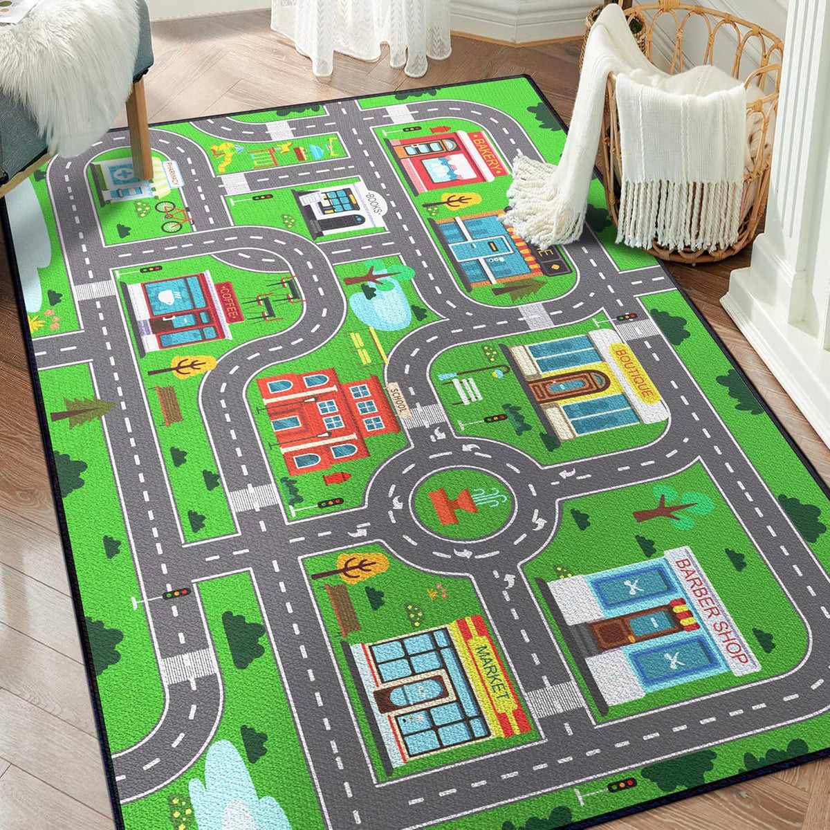 Play Rug for Playroom 59"x39" Car Mat Town City Road Map for Boys Bedroom Fun Car Play Area Carpet Non-Slip Washable