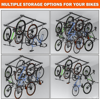 Ultrawall Ceiling Bike Rack for Garage, Indoor Bike Hanger with Sliding Track, Adjustable Bike Hooks for up to 3 Bikes (Horizontally), 6 Bikes (Vertically)