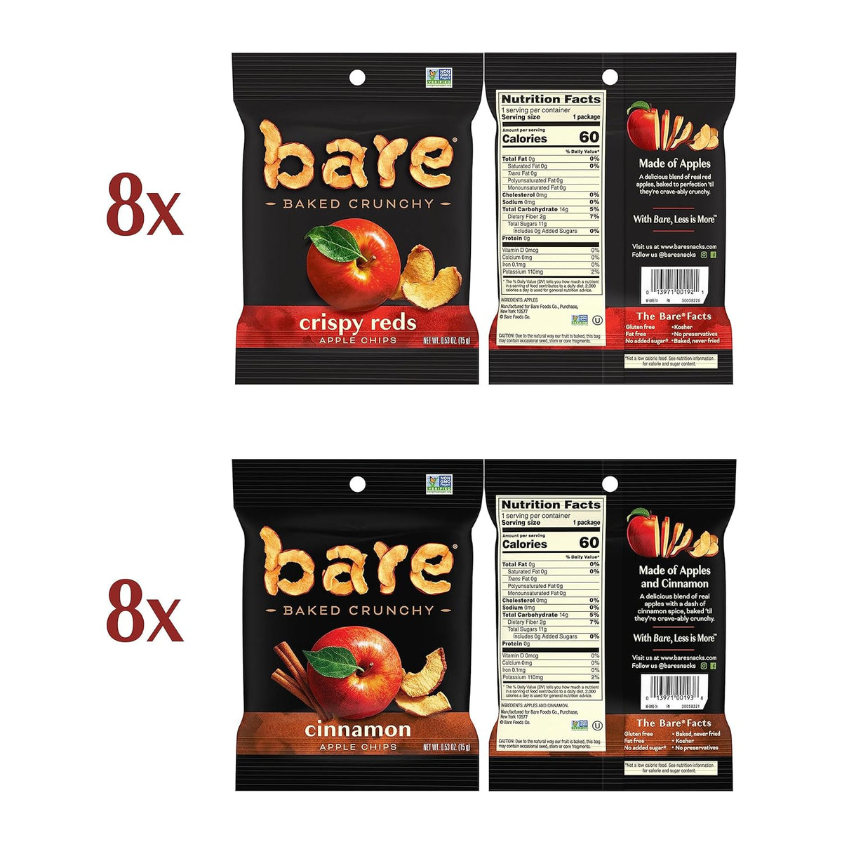 Bare Baked Crunchy, Apples Fuji & Reds and Cinnamon Variety Pack, 0.53 Ounce (Pack of 16)